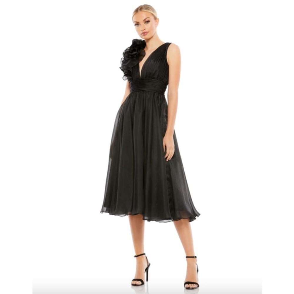 Mac Duggal Sleeveless Chiffon A-Line Tea Length Cocktail Dress Plunge Neck 0NWT
